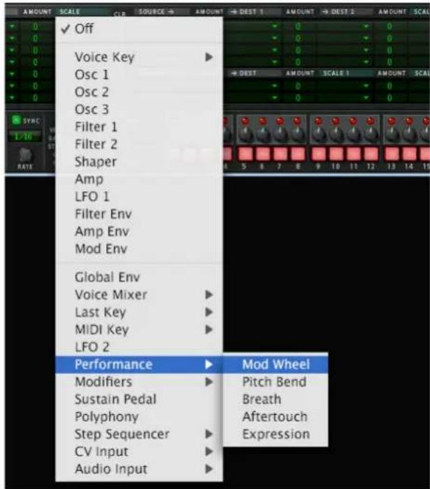 OFF Voice Key Osc 1 Osc 2 Osc 3 Filter 1 Filter 2 Shaper Amp LFO 1 Filter Env Amp Env Mod Env Global Env Voice Mixer Last Key MIDI Key LFO 2 Performance Modifiers Sustain Pedal Polyphony Step Sequencer CV Input Audio Input Mod Wheel Pitch Bend Breath Aftertouch Expression