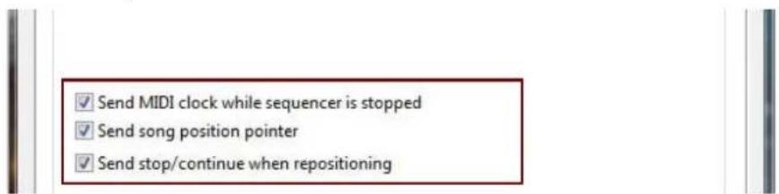 ✓ Send MIDI clock while sequencer is stopped ✓ Send song position pointer ✓ Send stop/continue when repositioning