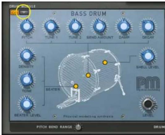 DRUM MODULE OFF BASS DRUM PITCH TUNE 1 TUNE 2 BEND AMOUNT DAMP DREAM DENSITY SHELL LEVEL TONE PMM BEATER BEATER LEVEL Physical modeling synthesis LEVEL PITCH BEND RANGE DRUM