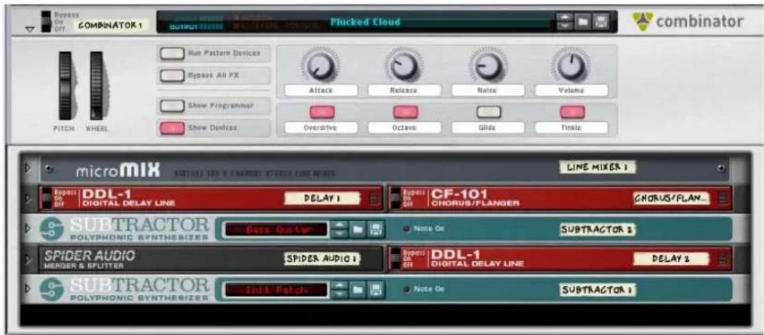 Bypass ON OFF COMBINATOR 1 OUTPUT Plucked Cloud combinator Run Pattern Devices Bypass All FX Attack Release Noise Volume Show Programmer Show Devices Overdrive Octave Glide Tinkle PITCH WHEEL micromix SUBTRACTOR TIN & [BAMBI] INTERFACE LINE MIXER LINE MIXER 1 Dypass OFF DDL-1 DIGITAL DELAY LINE DELAY 1 Dypass OFF CF-101 CHORUS/FLANGER CHORUS/FLAN... SUBTRACTOR POLYPHONIC SYNTHEBIZER Base Guitar Note On SUBTRACTOR 2 SPIDER AUDIO MERGER & SPUTTER SPIDER AUDIO 1 Dypass OFF DDL-1 DIGITAL DELAY LINE DELAY 2 SUBTRACTOR POLYPHONIC SYNTHEBIZER Init Patch Note On SUBTRACTOR 1