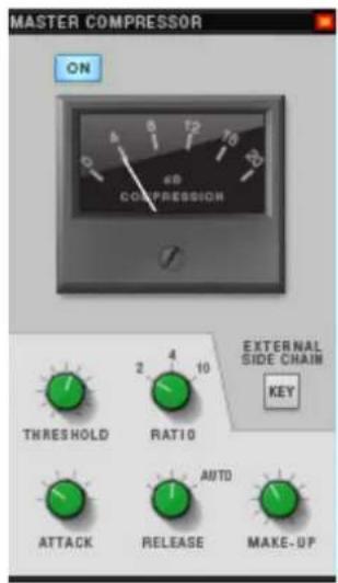 MASTER COMPRESSOR ON 4 8 72 15 20 60 COMPRESSION THRESHOLD 2 4 10 RATIO AUTO ATTACK RELEASE MAKE-UP EXTERNAL SIDE CHAIN KEY