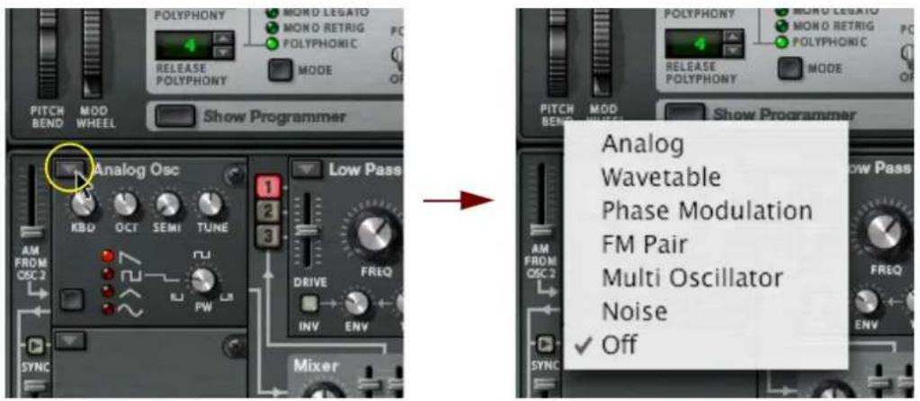 PITCH BEND MOD WHEEL Show Programmer Analog Osc KBD OCT SEMI TUNE 1 2 3 Low Pass AM FROM OSC 2 7 PWM Mixer AVEN FREQ DRIVE INV ENV Analog Wavetable Phase Modulation FM Pair Multi Oscillator Noise ✓ Off