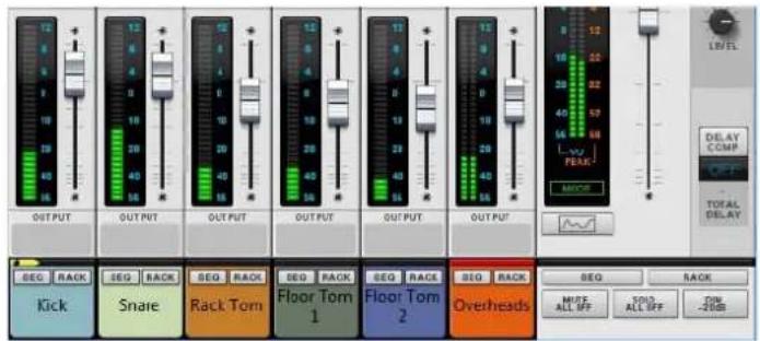 OUTPUT OUTPUT OUTPUT OUTPUT OUTPUT OUTPUT OUTPUT OUTPUT SEG RACK SEG RACK SEG RACK DEO RACK SEQ RACK SEQ RACK SEO RACK SEQ RACK MUTZ ALL OFF TOS ALL OFF TOM -2000 LEVEL DELAY COMP OFF TOTAL DELAY Kick Snaie Rack Tom Floor Tom 1 Floor Tom 2 Overheads