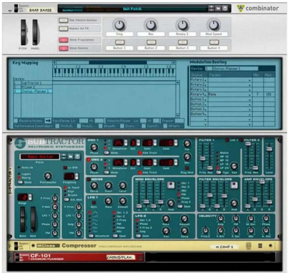 Bypass Off SAAD BAASS Output Init Patch combinator Run Pattern Devices Bypass All FX Freq Res Rotary 3 Mod Speed Show Programmer Show Devices Button 1 Button 2 Button 3 Button 4 PITCH WHEEL Key Mapping Device: SubTractor 1 H [Core 2] Chorus / Flanger 1 Modulation Routing Device: Chorus/Flanger 1 Source: Target Min Max Rotary 1. Rotary 2. Rotary 3. Rotary 4. Rate 7 101 Button 1. Button 2. Button 3. Button 4. Receivir Hates Key Range Lo Hi Velocity Range Lo Hi Transfer Performance Controllers Fitch/D Mod/V. Breath Ever. Sust/F. Filter. SUBTRACTOR POLYPHONIC SYNTHESIZER MHz Set Isur Patch Note On Lagato Retrog Mode Portamentu Lu BW Polyphony A. Touch Expr Breakt Ext. Mod F. Freq Range P. Freq F. Res LPG 1 Phase AMP FM Band Mod FM OSC 1 X D Waveform Oct Semi Cent PM Phase Mode Kdd Track OSC 2 X D Waveform Oct Semi Cent PM Phase Mode Kdd Track Ring Mod NOISE Decay Solar Level MOD ENVELOPE Dec 1 Dec 2 MHz PM LFD 1 Spec Rate Amount A D S R Amp Dest LFD 2 Dec 1,2 Phase Rate Amount A M Env Phas Waveform Dest Delay VELOCITY Amp FM M Env Phase Bypass On MClass Compressor ENTER CONSTRUCTION WITH SCREEN M COMP 1 Bypass CF-101 CHORUS/FLANGER CHORUS/FLAN