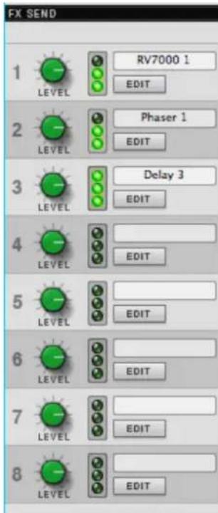FX SEND 1 LEVEL RV7000 1 EDIT 2 LEVEL Phaser 1 EDIT 3 LEVEL Delay 3 EDIT 4 LEVEL EDIT 5 LEVEL EDIT 6 LEVEL EDIT 7 LEVEL EDIT 8 LEVEL EDIT