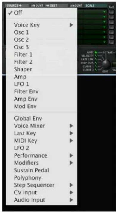 SOURCE → AMOUNT → DEST AMOUNT SCALE CLR ✓ Off Voice Key Osc 1 Osc 2 Osc 3 Filter 1 Filter 2 Shaper Amp LFO 1 Filter Env Amp Env Mod Env Global Env Voice Mixer Last Key MIDI Key LFO 2 Performance Modifiers Sustain Pedal Polyphony Step Sequencer CV Input Audio Input