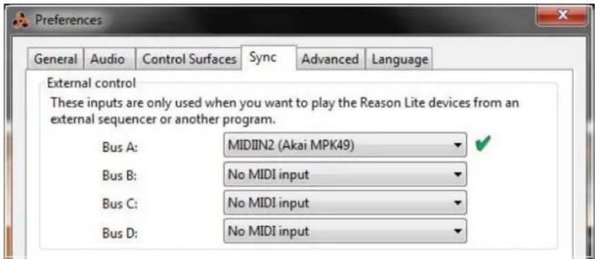 Preferences General Audio Control Surfaces Sync Advanced Language External control These inputs are only used when you want to play the Reason Lite devices from an external sequencer or another program. Bus A: MIDIIN2 (Akai MPK49) Bus B: No MIDI input Bus C: No MIDI input Bus D: No MIDI input
