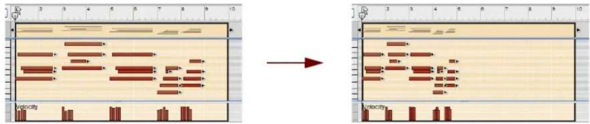 Screenshot showing a timeline editing interface with directional arrows and labeled 'Velocity' markers, before and after transformation.