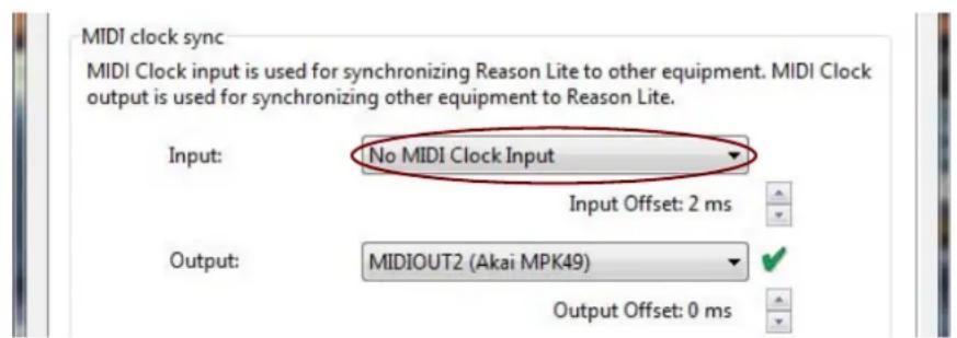 MIDI clock sync MIDI Clock input is used for synchronizing Reason Lite to other equipment. MIDI Clock output is used for synchronizing other equipment to Reason Lite. Input: No MIDI Clock Input Input Offset: 2 ms Output: MIDIOUT2 (Akai MPK49) Output Offset: 0 ms