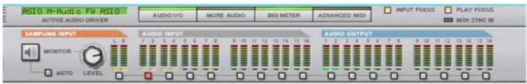 RS10 M-Ruudi FM RS10 ACTIVE AUDIO DRIVER AUDIO I/O MORE AUDIO BIG METER ADVANCED MIDI INPUT FOCUS PLAY FOCUS MIDI SYNC IN SAMPLING INPUT MONITOR AUTO LEVEL L R AUDIO INPUT 1 2 3 4 5 6 7 8 9 10 11 12 13 14 15 16 AUDIO OUTPUT 1 2 3 4 5 6 7 8 9 10 11 12 13 14 15 16