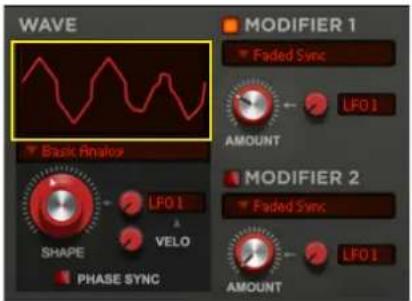 WAVE MODIFIER 1 Faded Sync LFO 1 AMOUNT MODIFIER 2 Faded Sync LFO 1 AMOUNT Basic Rinalox SHAPE LFO 1 VELO PHASE SYNC