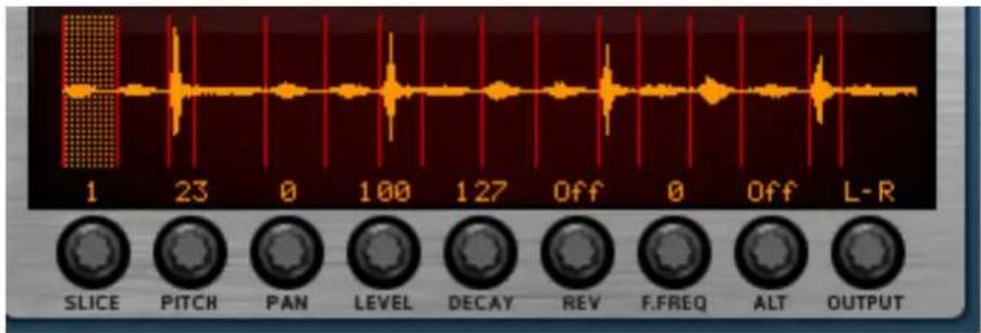 1 23 0 100 127 Off 0 Off L-R SLICE PITCH PAN LEVEL DECAY REV F.FREQ ALT OUTPUT