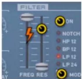 FILTER ON NOTCH HP 12 BP 12 LP 12 LP 24 MODE FREQ RES