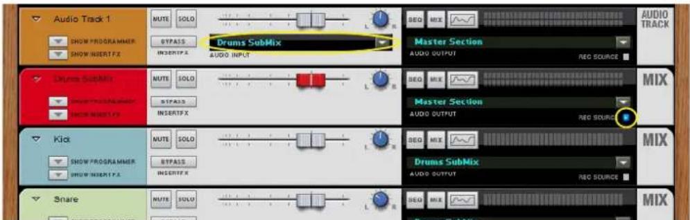 Audio Track 1 SHOW PROGRAMMER SHOW INSERTFX MUTE SOLO DTPASS INSERTFX Drums SubMix AUDIO INPUT SEQ MIX Master Section AUDIO OUTPUT REC SOURCE AUDIO TRACK Drums SubMix SHOW PROGRAMMER SHOW INSERTFX MUTE SOLO DTPASS INSERTFX SEQ MIX Master Section AUDIO OUTPUT REC SOURCE MIX Kick SHOW PROGRAMMER SHOW INSERTFX MUTE SOLO DTPASS INSERTFX SEQ MIX Drums SubMix AUDIO OUTPUT REC SOURCE MIX Snare MUTE SOLO DTPASS INSERTFX SEQ MIX Drums SubMix