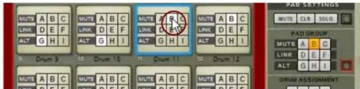 MUTE A B C LINK D E F ALT G H I 9 Drum 9 10 Drum 10 11 Drum 11 12 Drum 12 MUTE A B C LINK D E F MUTE A B C LINK D E F MUTE A B C LINK D E F PAD SETTINGS MUTE CLR SOLG PAD GROUP MUTE A B C LINK D E F ALT G H I DRUM ASSIGNMENT