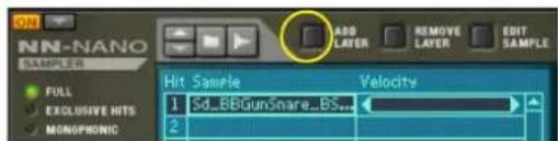 NN-NANO SAMPLER FULL EXCLUSIVE HITS MONOPHONIC ADD LAYER REMOVE LAYER EDIT SAMPLE Hit Sample Velocity 1 Sd_BBGunSnare_BS... 2
