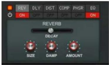 REV DLY DIST COMP PHSR EQ ON OFF DIFF OFF ON REVERB DECAY SIZE DAMP AMOUNT