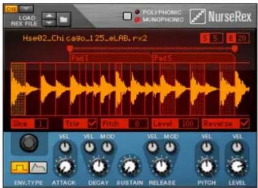 LOAD REX FILE POLYPHONIC MONOPHONIC NurseRex Hse02_Chi ca9o_1 25_eLAB, rx2 S 5 E 20 Pad 1 Pad 5 Slice 1 Trip Pitch 6 Level 100 Reverse VEL VEL MOD VEL MOD VEL VEL ENV.TYPE ATTACK DEGAY SUSTAIN RELEASE PITCH LEVEL