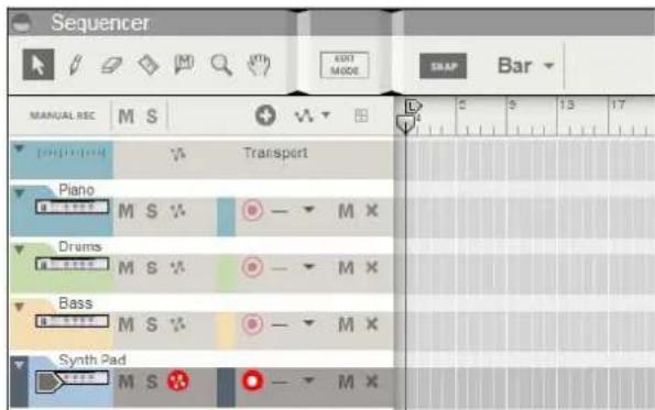 Sequencer MANUAL REC M S + Piano Drums Bass Synth Pad Transport M S V - - M X M S V - - M X M S V - - M X