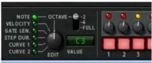 NOTE OCTAVE -2 VELOCITY GATE LEN. STEP DUR. CURVE 1 CURVE 2 EDIT VALUE C3 -4 -FULL 1 2 3