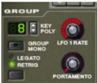 GROUP 8 KEY POLY GROUP MONO LEGATO RETRIG LFO 1 RATE PORTAMENTO