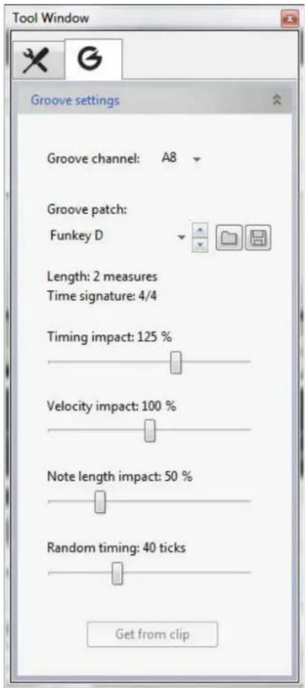 Tool Window Groove settings Groove channel: A8 Groove patch: Funkey D Length: 2 measures Time signature: 4/4 Timing impact: 125 % Velocity impact: 100 % Note length impact: 50 % Random timing: 40 ticks Get from clip