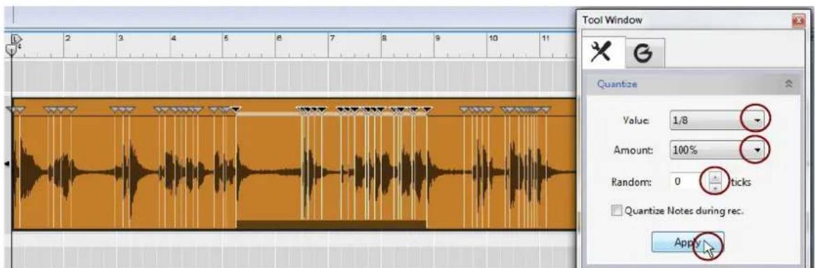 Tool Window Quantize Value: 1/8 Amount: 100% Random: 0 ticks Quantize Notes during rec. Apply