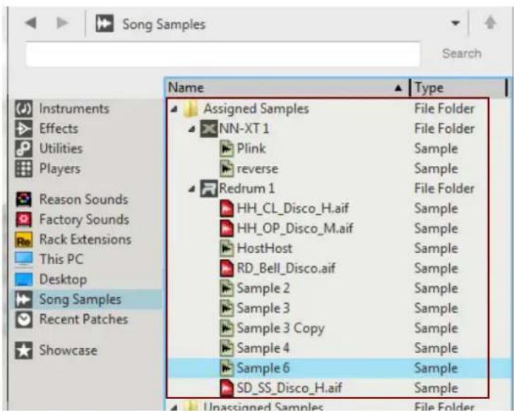 Song Samples Search Name Type Assigned Samples File Folder NN-XT 1 File Folder Plink Sample reverse Sample Redrum 1 File Folder HH_CL_Disco_H.aif Sample HH_OP_Disco_M.aif Sample HostHost Sample RD_Bell_Disco.aif Sample Sample 2 Sample Sample 3 Sample Sample 3 Copy Sample Sample 4 Sample Sample 6 Sample SD_SS_Disco_H.aif Sample Unassigned Samples File Folder