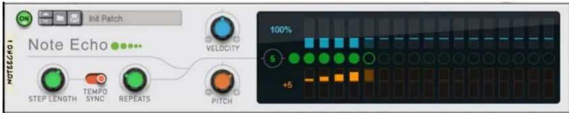 Init Patch Note Echo VELOCITY STEP LENGTH TEMPO SYNC REPEATS PITCH 100% 5 +5