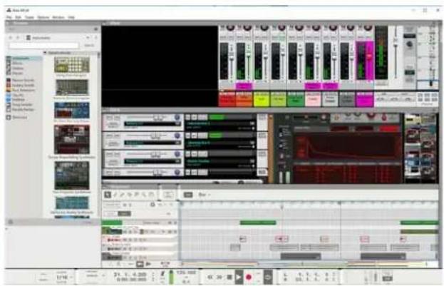 Screenshot of a video editing software interface showing audio workstation with multiple tracks, channels, and playback controls.