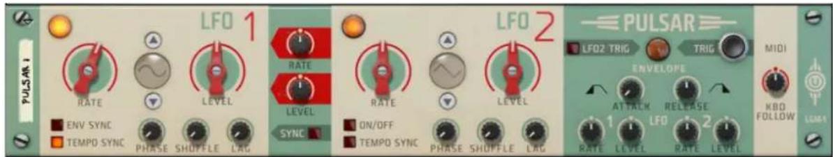 LFO 1 LFO 2 PULSAR RATE LEVEL RATE LEVEL RATE LEVEL ON/OFF TEMP0 SYNC PHASE SHUFFLE LAG SYNC PULSAR LFO2 TRIG TRIG MIDI ENVELOPE ATTACK RELEASE LFO 2 KBO FOLLOW LOMA