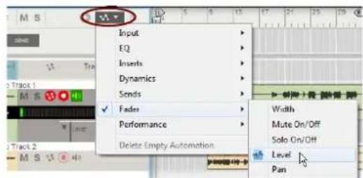 Input EQ Inserts Dynamics Sends Fader Performance Delete Empty Automation Width Mute On/Off Solo On/Off Level Pan