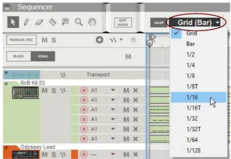 Sequencer MANUAL REC M S BLOCK SONG M Transport RnB Kit 03 M S V A1 M X A1 M X A1 M X A1 M X A1 M X A1 M X Odyssey Lead M S V — M X SNAP Grid (Bar) Grid Bar 1/2 1/4 1/8 1/8T 1/16 1/16T 1/32 1/32T 1/64 1/128