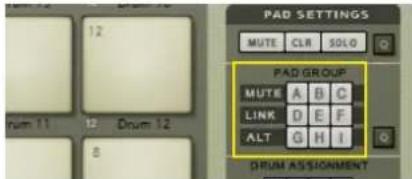 PAD SETTINGS MUTE CLR SOLO PAD GROUP MUTE A B C LINK D E F ALT G H I DRUM ASSIGNMENT