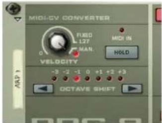 MIO-CV CONVERTER FIXED L27 MAN. 0 VELOCITY -3 -2 -1 0 +1 +2 +3 MCH IN HOLD OCTAVE SHIFT AMP