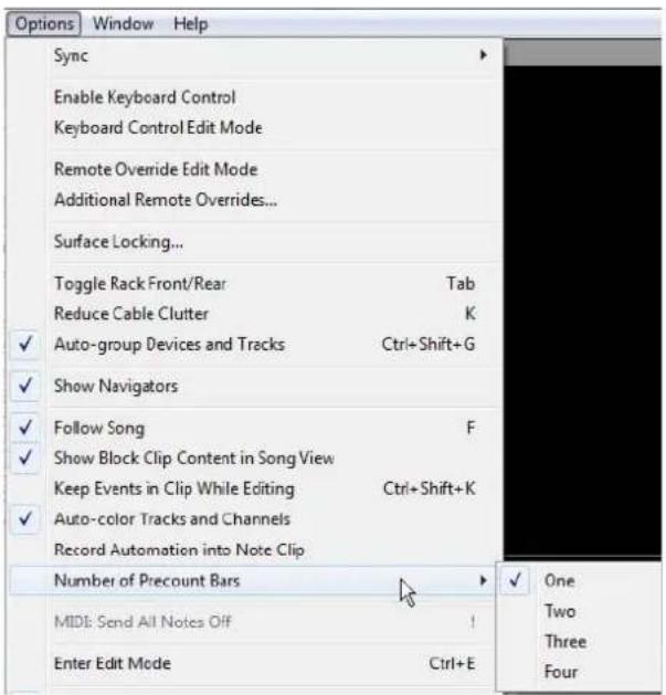 Options Window Help Sync Enable Keyboard Control Keyboard Control Edit Mode Remote Override Edit Mode Additional Remote Overrides... Surface Locking... Toggle Rack Front/Rear Tab Reduce Cable Clutter K Auto-group Devices and Tracks Ctrl+Shift+G Show Navigators Follow Song F Show Block Clip Content in Song View Keep Events in Clip While Editing Ctrl+Shift+K Auto-color Tracks and Channels Record Automation into Note Clip Number of Precount Bars MIDI: Send All Notes Off Enter Edit Mode Ctrl+E One Two Three Four