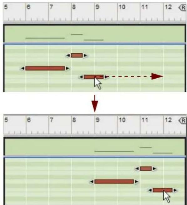 Diagram illustrating a timeline-based movement process with ruler markings and directional arrows indicating movement paths.