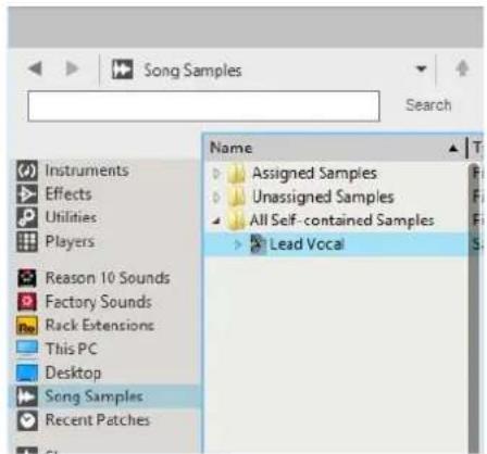 Song Samples Search Name Instruments Effects Utilities Players Reason 10 Sounds Factory Sounds Rack Extensions This PC Desktop Song Samples Recent Patches Assigned Samples Unassigned Samples All Self-contained Samples Lead Vocal