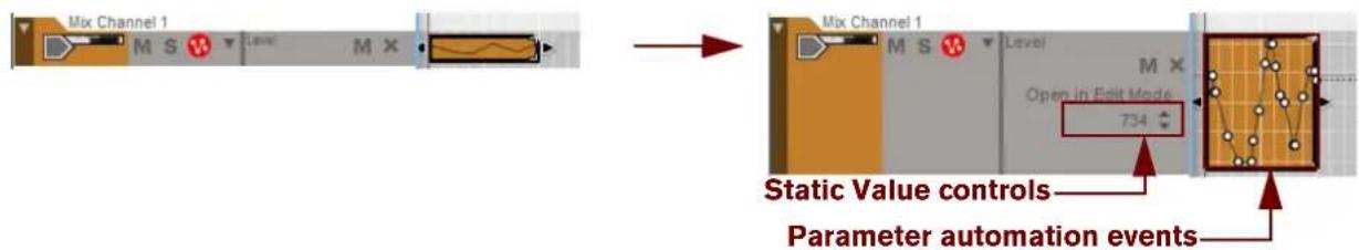 Mix Channel 1 M S Level M X Static Value controls Parameter automation events