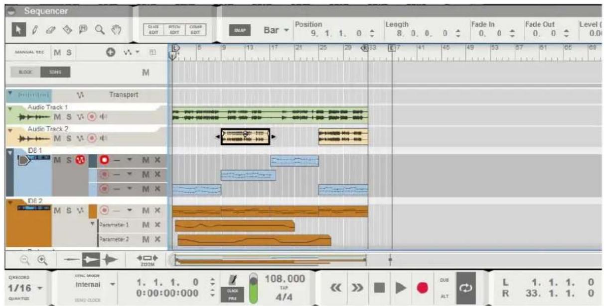 Sequencer MANUAL RED M S + BLOCK SONG M Tracing1 Transport Audio Track 1 M S V Audio Track 2 M S V ID6 1 M S V - - M X - - M X - - M X ID6 2 M S V Parameter 1 M X Parameter 2 M X ZOOM Q RECORDS 1/16 QUARTURE SYNC MODE Internal 1. 1. 1. 0 0:00:00:000 CLOCK FREE 108,000 TAP 4/4 Length 8. 0. 0. 0 Fade In 0. 0 Fade Out 0. 0 Level (0.0) 5 9 13 17 21 25 29 33 E17 41 45 49 53 57 61 65 69