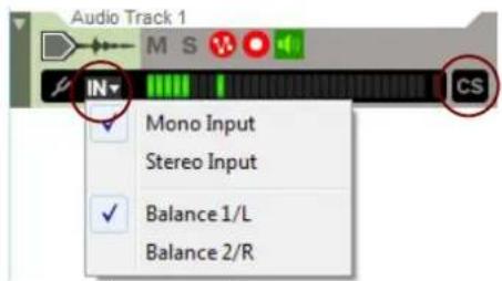Audio Track 1 M S IN CS Mono Input Stereo Input Balance 1/L Balance 2/R