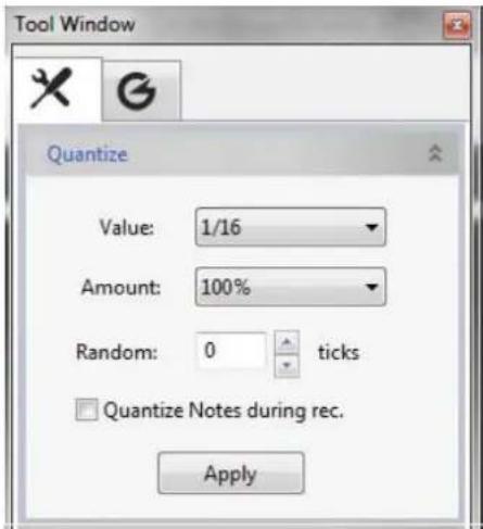 Tool Window Quantize Value: 1/16 Amount: 100% Random: 0 ticks Quantize Notes during rec. Apply