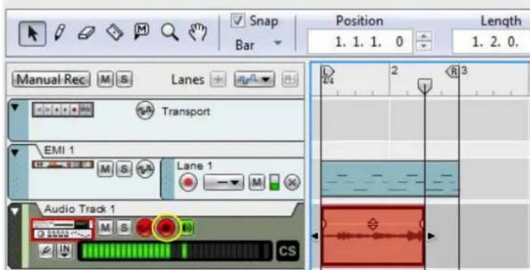 Snap Bar Position 1. 1. 1. 0 Length 1. 2. 0. Manual Rec M S Lanes Transport EMI 1 M S Lane 1 Audio Track 1 M S CS