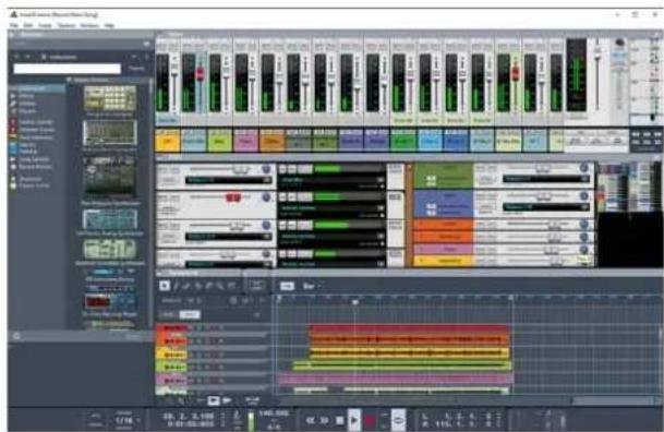 Screenshot of a video editing software interface showing audio workstation with multiple tracks, channels, and playback controls.