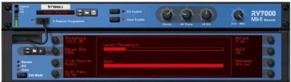 RV70001 RV7000 MkII Reverb Enable On Off Trig Patch EQ Enable Gate Enable Decay MF Damy MF EQ Dry - Wet 4 Remote Programmer Threshold -18.1 dB Decay Hud 100% Trig Source Audio Gate Reverb EQ Date Edit Mode In VH Pass 70 Hz Level/Threshold Black 5 ns Hold 28 Release 416 ns