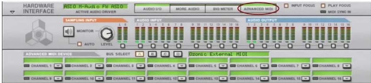 HARDWARE INTERFACE RSI 0 M-Audi o Fli ASI 0 ACTIVE AUDIO DRIVER AUDIO I/O MORE AUDIO BIG METER ADVANCED MIDI INPUT FOCUS PLAY FOCUS MIDI SYNC IN SAMPLING INPUT MONITOR AUTO LEVEL AUDIO INPUT AUDIO OUTPUT 1 2 3 4 5 6 7 8 9 10 11 12 13 14 15 16 1 2 3 4 5 6 7 8 9 10 11 12 13 14 15 16 ADVANCED MIDI DEVICE BUS SELECT Ozonic External MIDI CHANNEL 1 CHANNEL 2 CHANNEL 3 CHANNEL 4 CHANNEL 5 CHANNEL 6 CHANNEL 7 CHANNEL 8 CHANNEL 9 CHANNEL 10 CHANNEL 11 CHANNEL 12 CHANNEL 13 CHANNEL 14 CHANNEL 15 CHANNEL 16