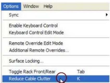 Options Window Help Sync Enable Keyboard Control Keyboard Control Edit Mode Remote Override Edit Mode Additional Remote Overrides... Surface Locking... Toggle Rack Front/Rear Tab Reduce Cable Clutter K