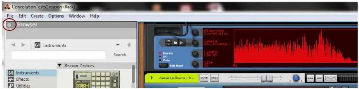 ConvolutionTests1.reason (Rack) File Edit Create Options Window Help Browser Instruments Search Reason Devices Instruments Effects Utilities Algorithm the Convolution Simple Edit Drums Length 1 MB.0K Size 28 Acoustic Drums | 0...