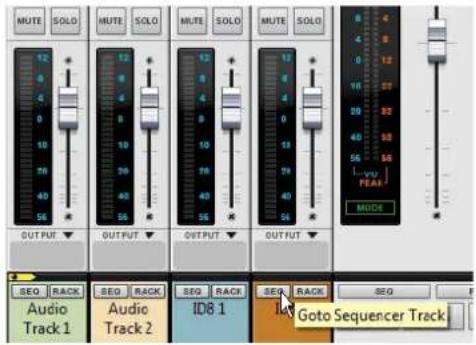 MUTE SOLO MUTE SOLO MUTE SOLO MUTE SOLO OUTPUT OUTPUT OUTPUT OUTPUT OUTPUT SEQ RACK Audio Track 1 Audio Track 2 ID8 1 Goto Sequencer Track