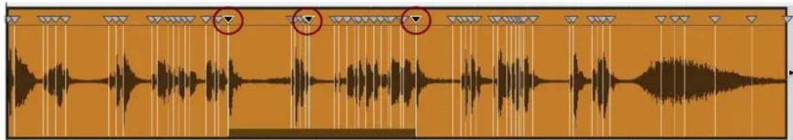 Audio waveform display with two marked circles highlighting specific peaks or events on a timeline